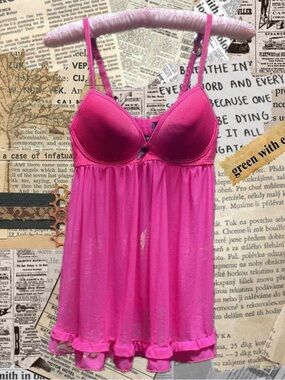 Y2k Hot Pink Sheer Babydoll lingerie with Underwire Cups and Black Bows